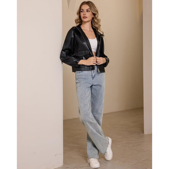 Women Black  Faux Leather Jacket Hooded Moto Biker Outwear Coat - Picture 3 of 6